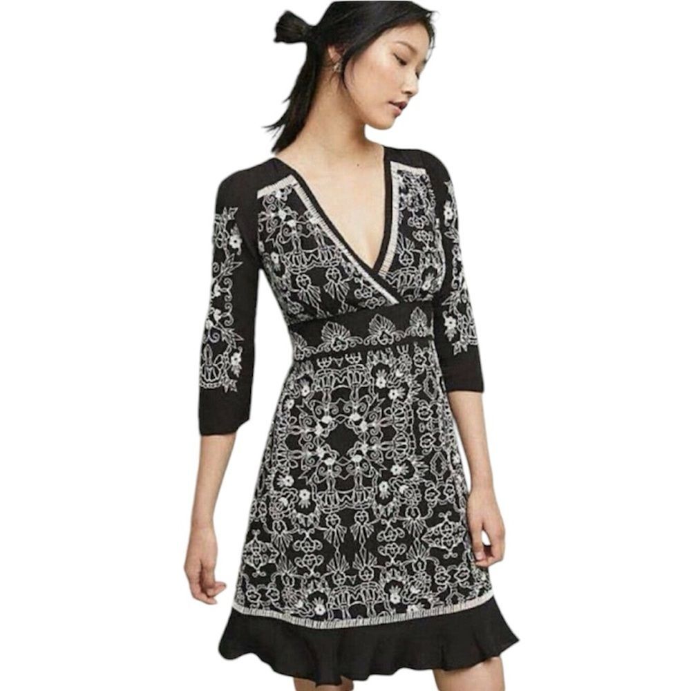 NWT Vanessa Virginia Anthropologie Black Embroidered Fit & Flare Dress Size 8